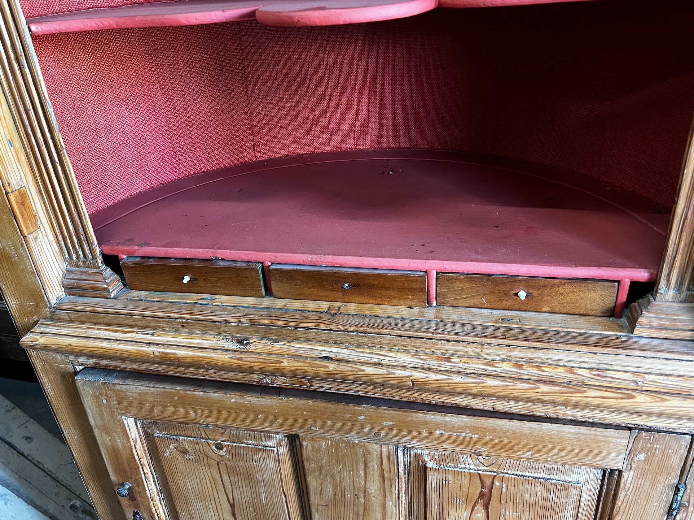 A George III pine barrel back standing corner cabinet, width 116cm depth 50cm height 220cm